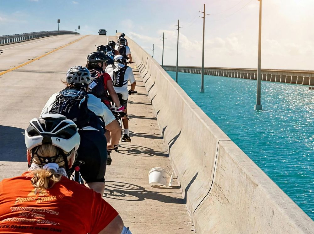 A group of riders in single file crossing a Keys bridge beside turquoise water